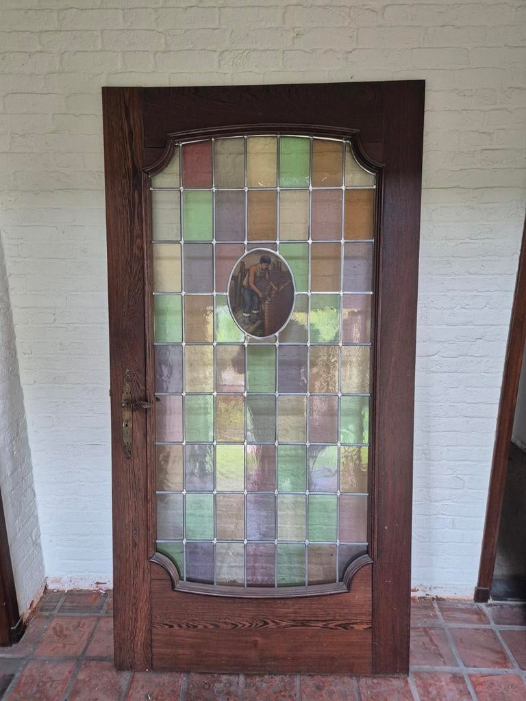 Deur met glas in lood en afbeelding, klein barstje, Doe-het-zelf en Verbouw, Deuren en Horren, Gebruikt, Binnendeur, 200 tot 215 cm