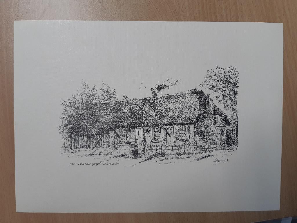 pentekening Kees Koster Giersbergen en De rustende Jager, Ophalen of Verzenden