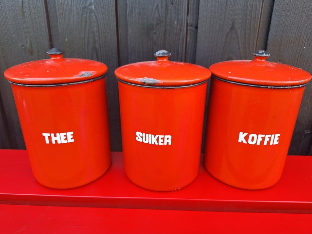 3 vintage antieke blikken blik rood koffie thee suiker, Antiek en Kunst, Antiek | Emaille, Ophalen of Verzenden