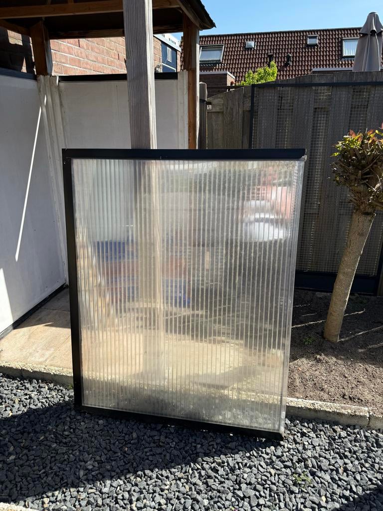 Kunststof en gaas panelen in frame (4 stuks), Tuin en Terras, Tuinschermen, Gebruikt, Kunststof, 100 tot 150 cm, 200 cm of meer