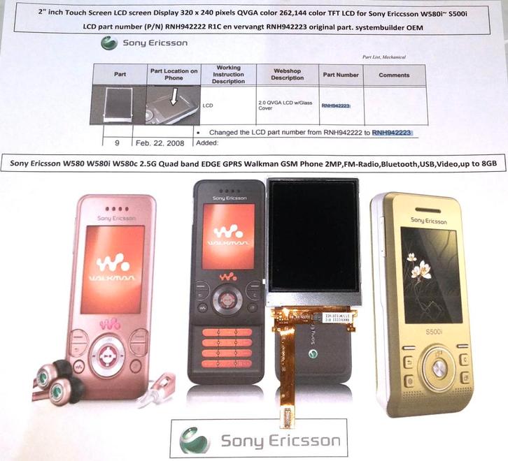 Sony-Ericsson 2’’ LCD Display RNH942222 RNH942223 W580i S500, Telecommunicatie, Mobiele telefoons | Toebehoren en Onderdelen, Nieuw