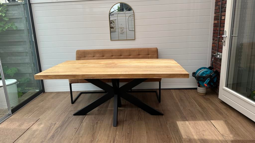 Eettafel mangohout met eetbank, Ophalen, Gebruikt, 100 tot 150 cm, Vijf personen of meer