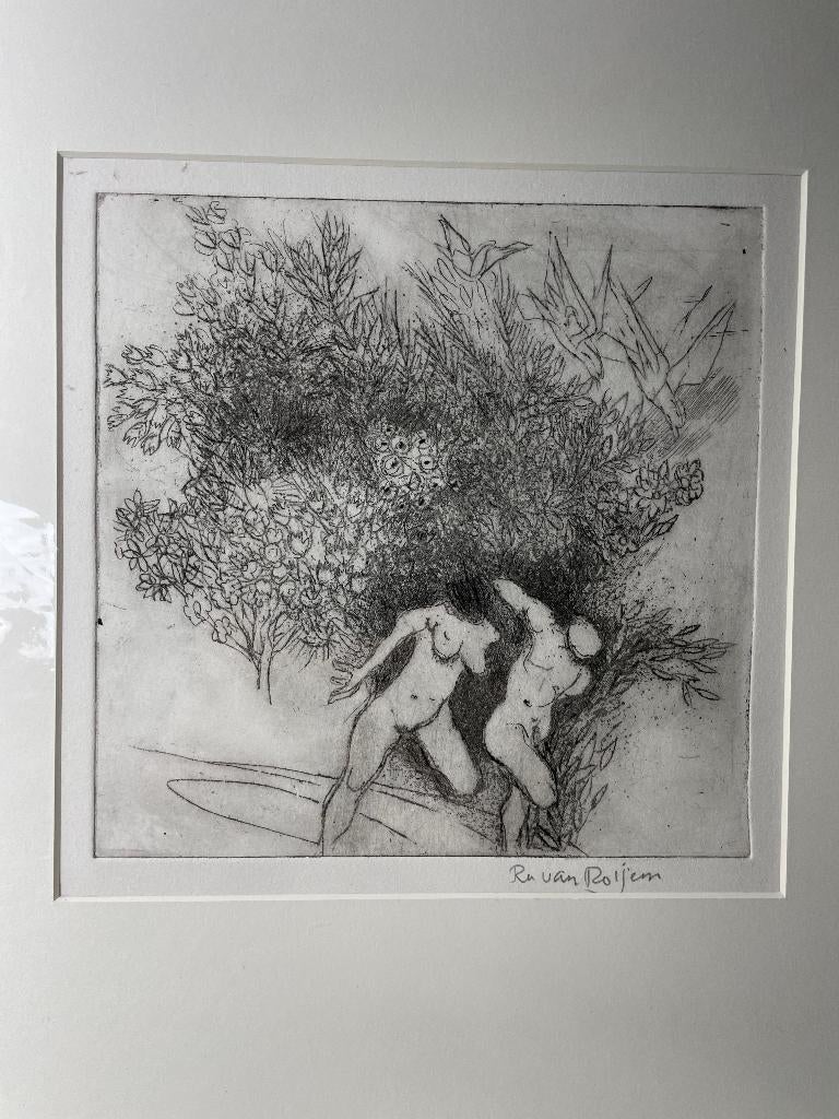 Ru van Rossem, ets man en vrouw naakt, Handgekleurd, 22 cm, Religie, 22 cm