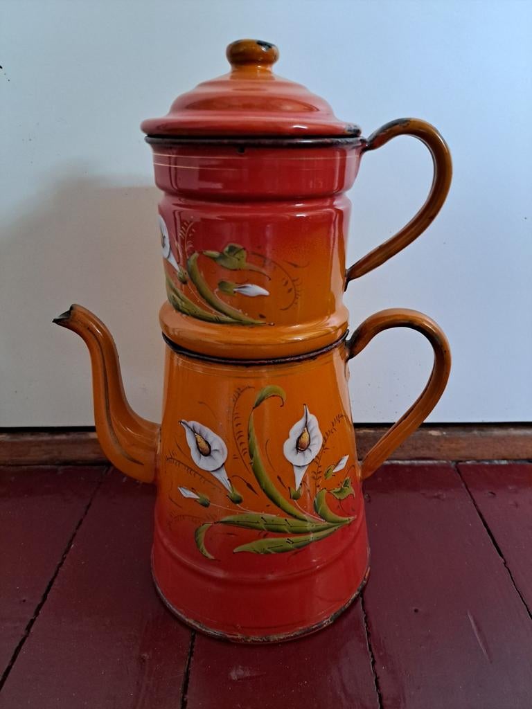 Antieke Franse geëmailleerde koffiekan met filter, Ophalen of Verzenden