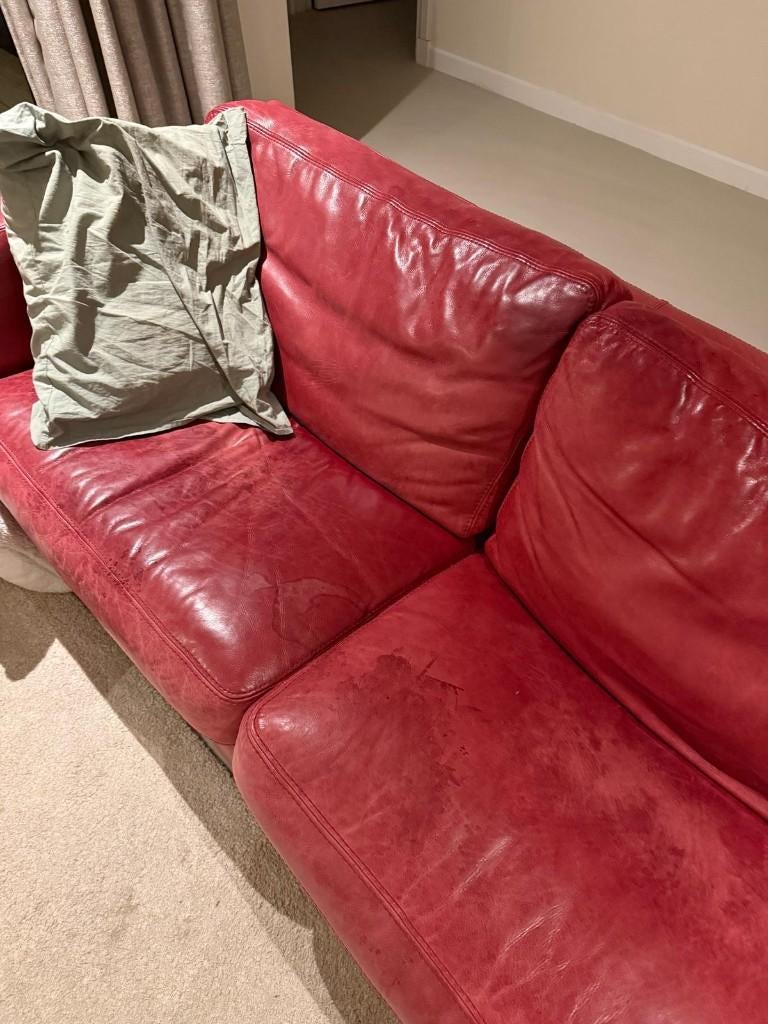 Rode leren bank, Huis en Inrichting, Banken | Bankstellen, Ophalen, Gebruikt, 150 tot 200 cm, Tweepersoons