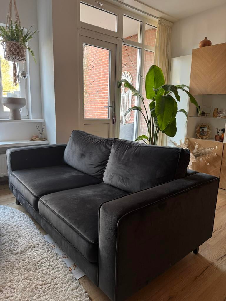 WOOOD 2,5-zits bank en hocker fluweel antraciet, Huis en Inrichting, Ophalen, Gebruikt, 150 tot 200 cm, 75 tot 100 cm