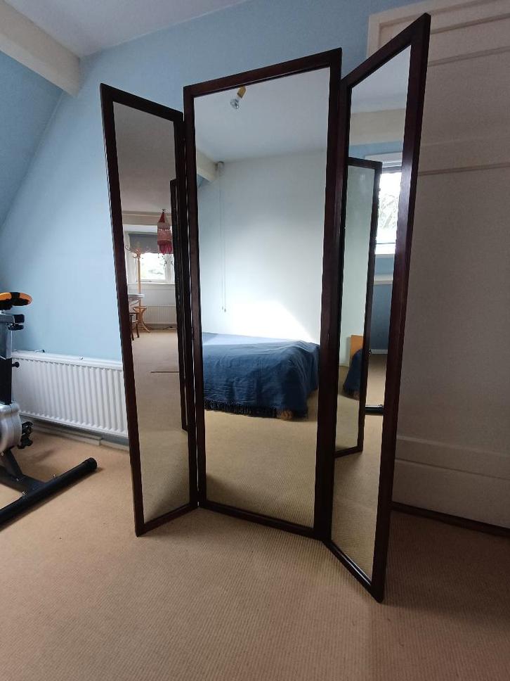 Antieke staande drieluik passpiegel, Antiek en Kunst, Antiek | Spiegels, 100 tot 150 cm, 150 tot 200 cm, Rechthoekig, Ophalen