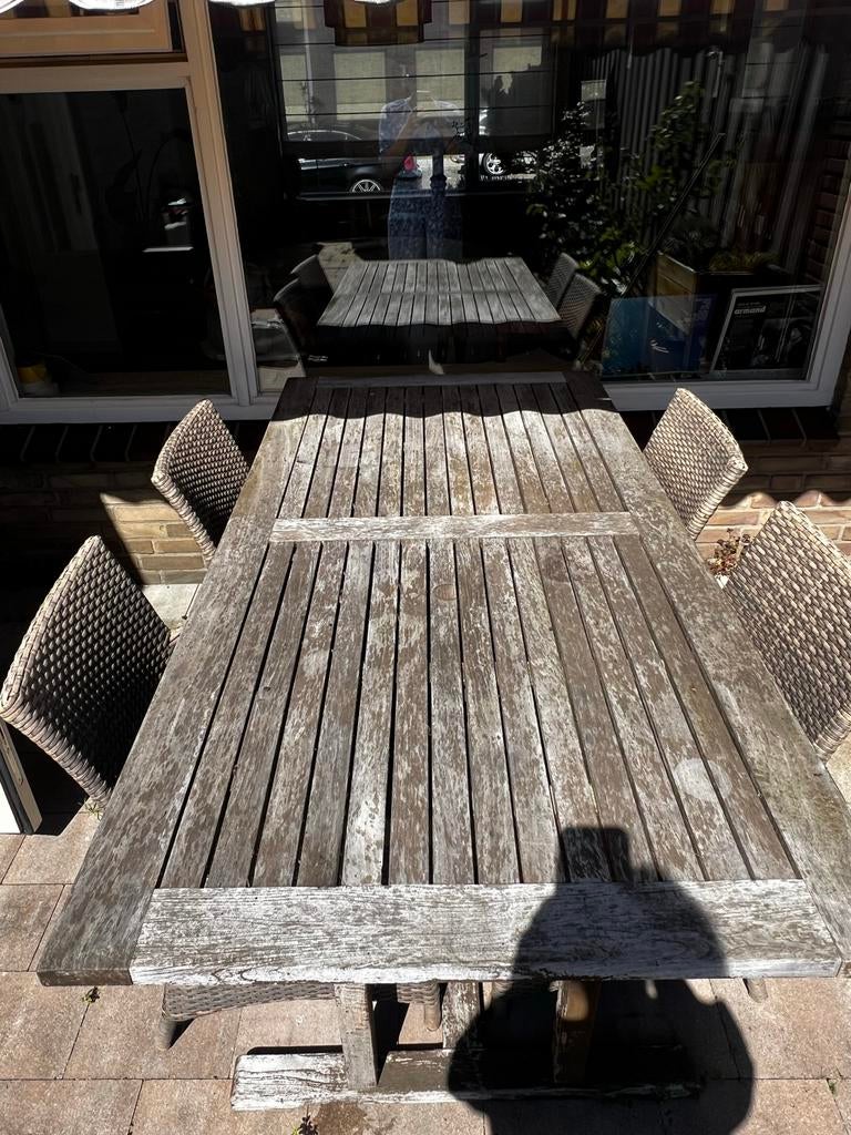 Houten tuintafel met 4 kuipstoelen, Ophalen, 4 zitplaatsen, Gebruikt, Eettafel