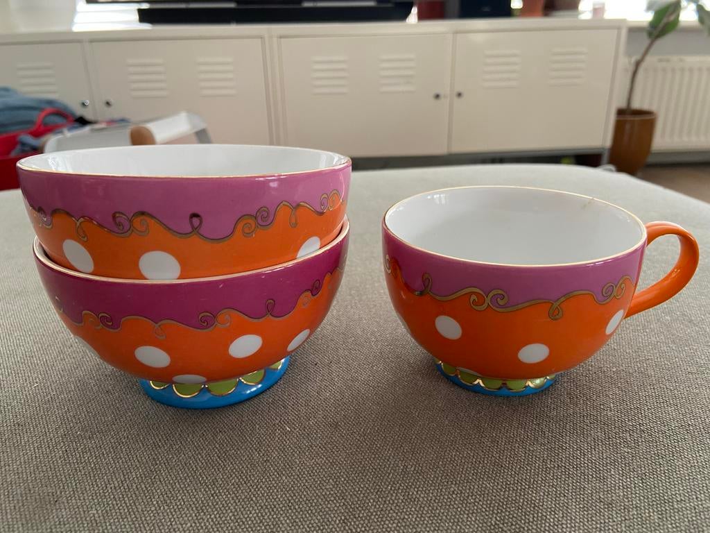 Vrolijke theekopjes en schaaltjes set oilily, Ophalen of Verzenden