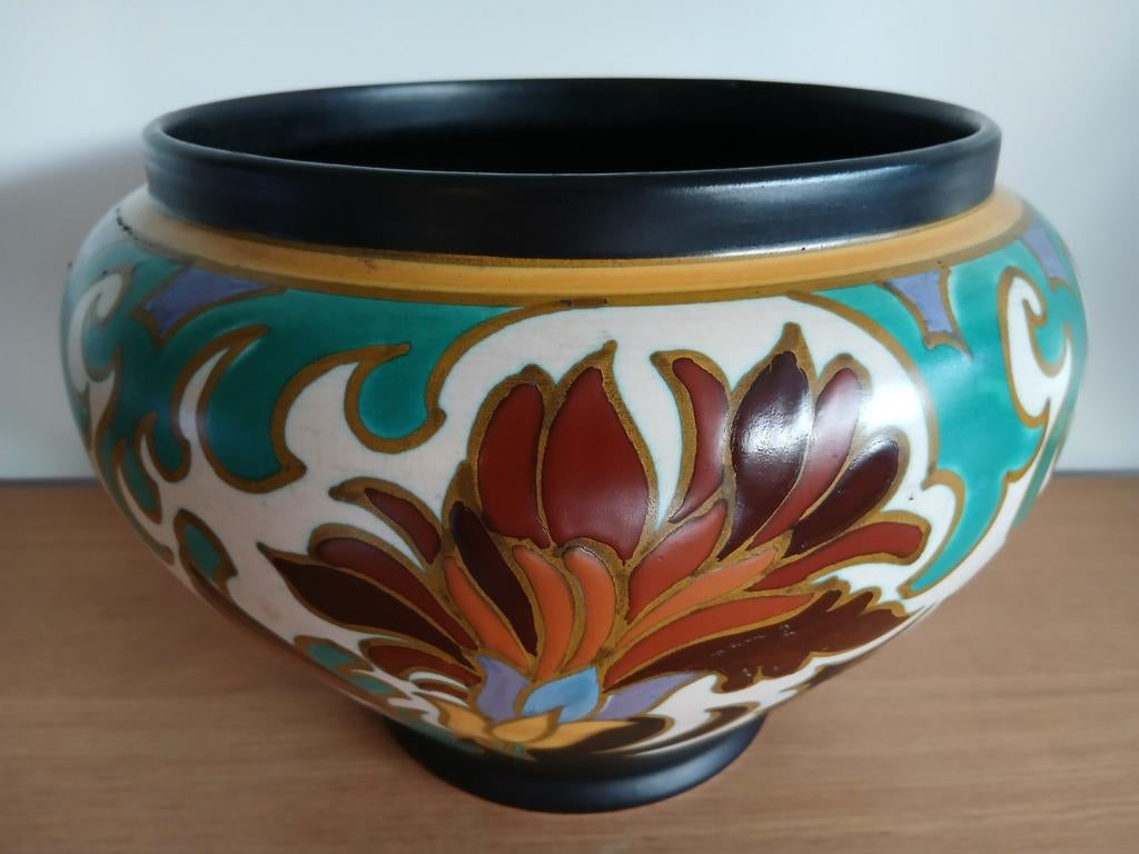 Art Deco Gouda Plateel bloempot, Ophalen of Verzenden