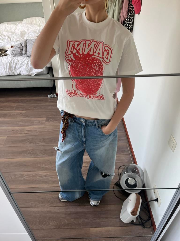 Ganni shirt met aardbei print, Kleding | Dames, T-shirts, Maat 38/40 (M), Verzenden, Wit, Nieuw