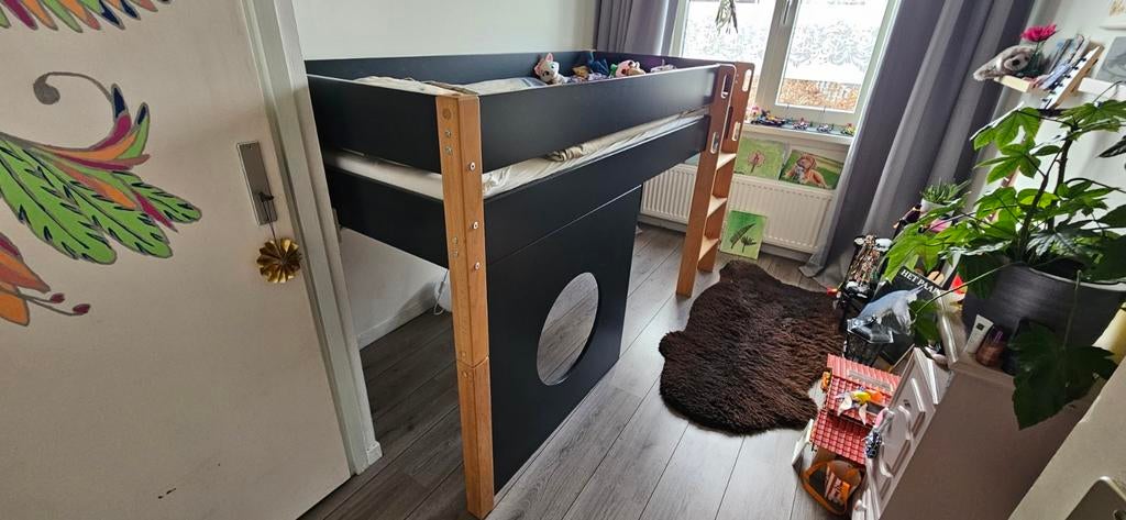 Hoogslaper eenpersoonsbed speelhoek hout en antraciet, Ophalen, Eenpersoons, Zo goed als nieuw, 200 cm