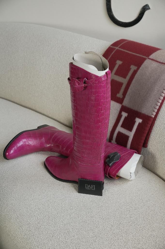 Hermès Jumping Croco Rose Sheherazad Phw 38,5, Hoge laarzen, Nieuw, Ophalen of Verzenden, Roze
