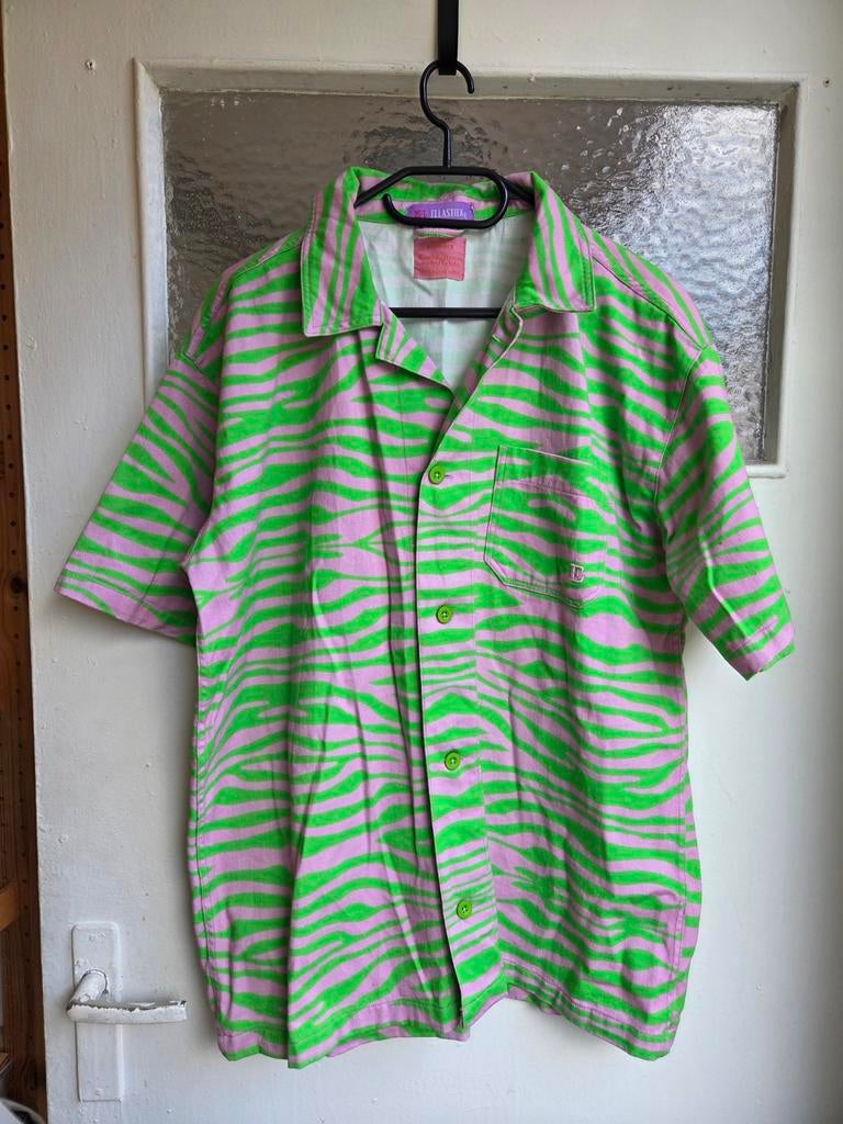 Ellastiek Zebra Shirt - Roze Groen hemd blouse, Kleding | Heren, Overhemden, Ophalen of Verzenden, Zo goed als nieuw, Roze, Ellastiek