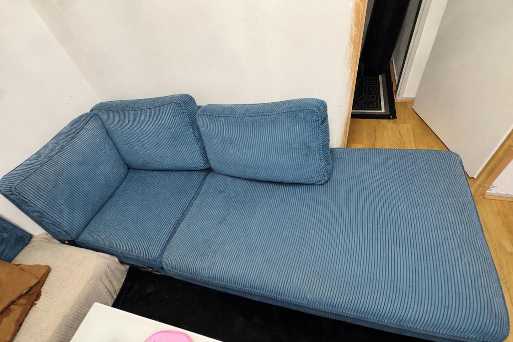 Blauwe stoffen hoekbank, Ophalen, Gebruikt, Driepersoons, 75 tot 100 cm