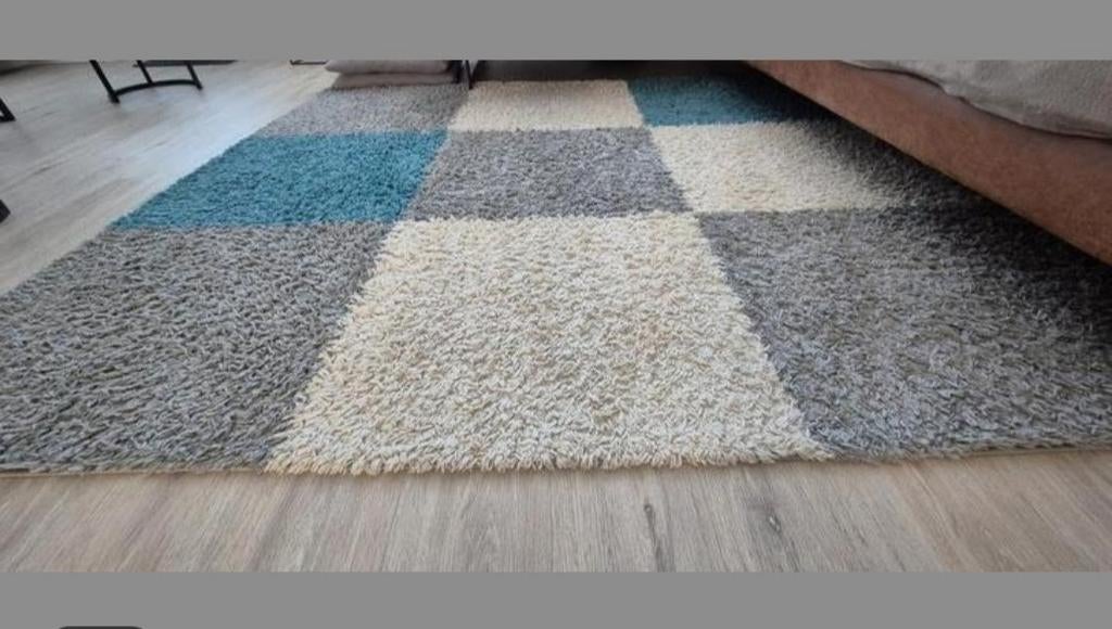 Vloerkleed met blokpatroon - grijs, crème, blauw, Ophalen, Gebruikt, Grijs, 150 tot 200 cm