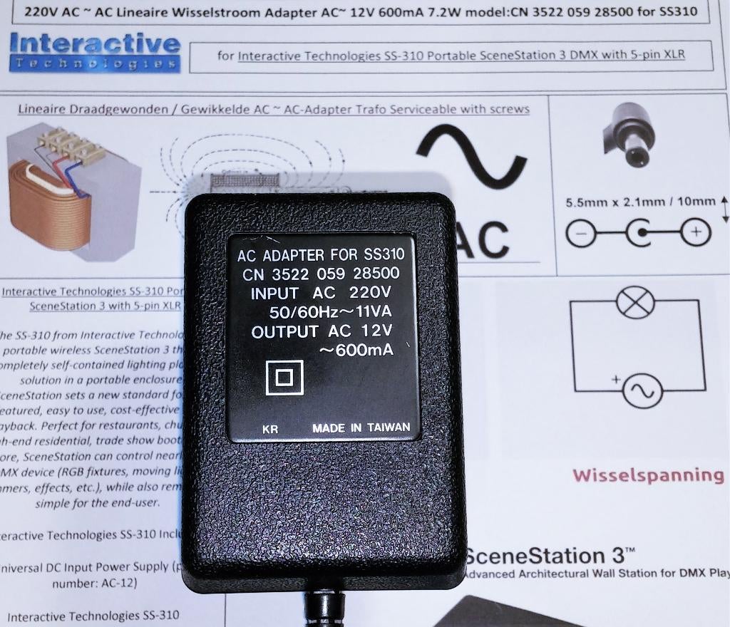 SS310 CN 3522 AC AC adapter 12V 0.6A 7.2W Wisselspanning out, Ophalen of Verzenden, Zo goed als nieuw