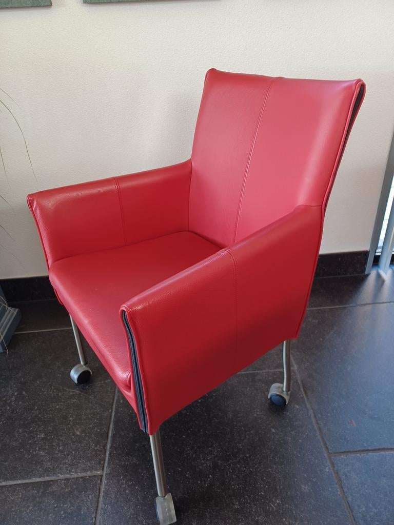 6 rode leren eetkamerstoelen met wielen, Huis en Inrichting, Stoelen, Ophalen, Gebruikt, Leer, Vijf, Zes of meer stoelen
