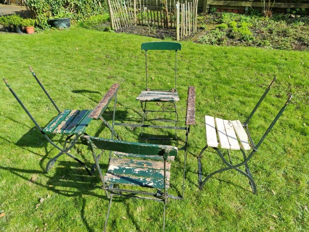 Vintage inklapbare tuinstoelen met tafelframe- set van 4, Ophalen, Gebruikt, Hout, Inklapbaar
