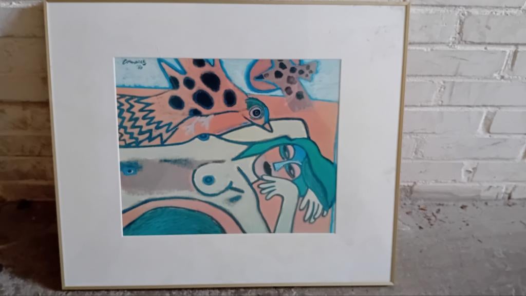 Cornellie Zeefdruk Kunstwerk - Vrouw en Vogel, Ophalen of Verzenden