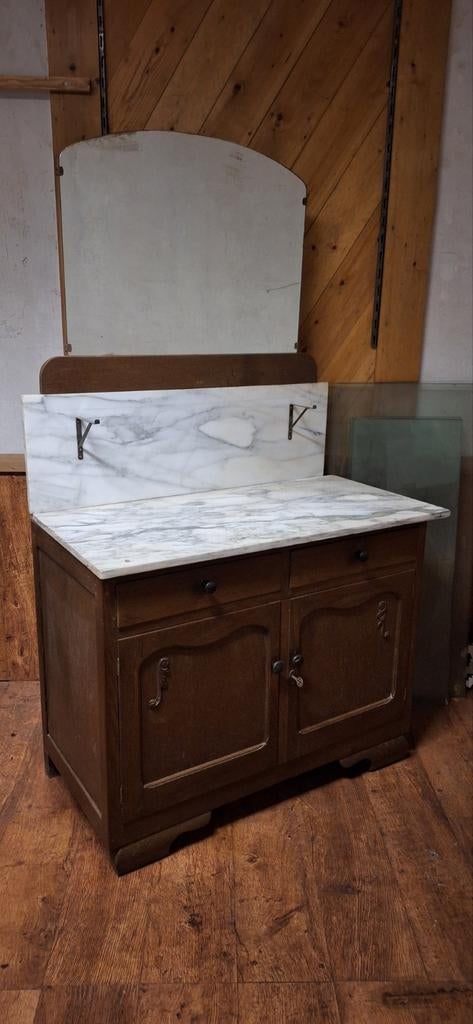 Barbier kast met marmeren blad en spiegel, Antiek en Kunst, Ophalen