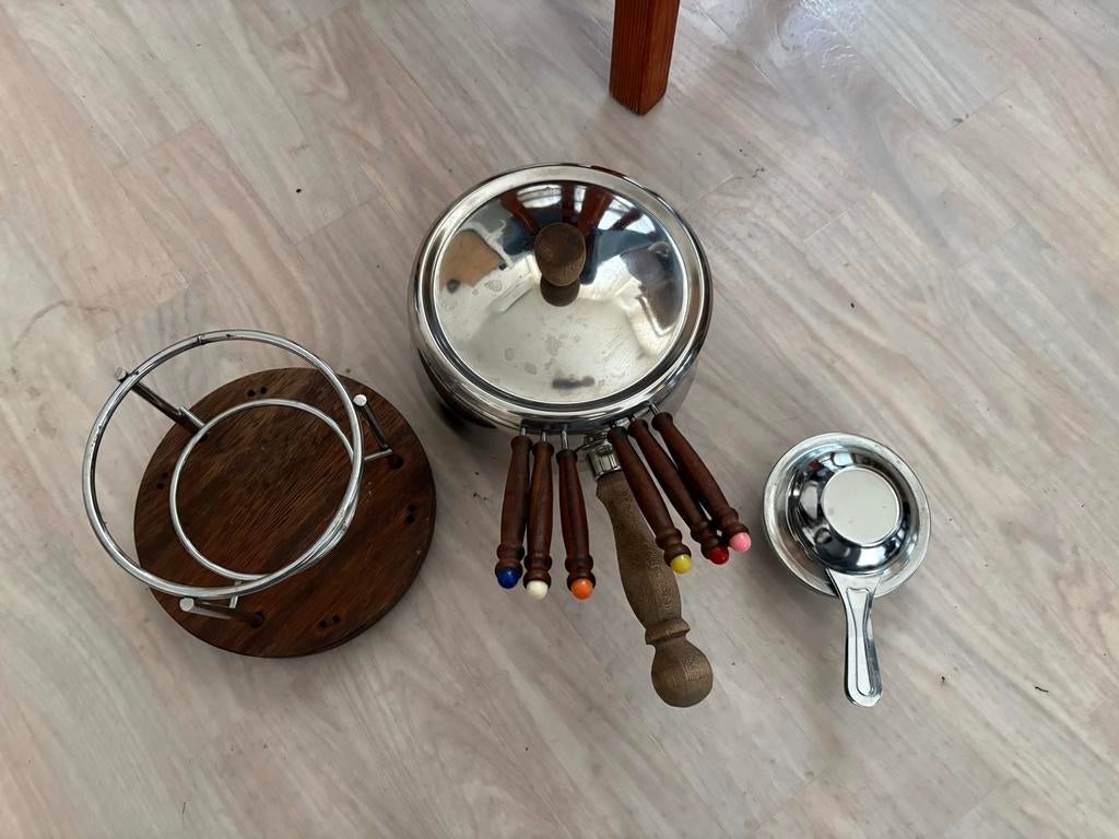 Vintage Fondue Set RVS met Houten Handvatten, Ophalen of Verzenden, Zo goed als nieuw, Rvs, Overige typen