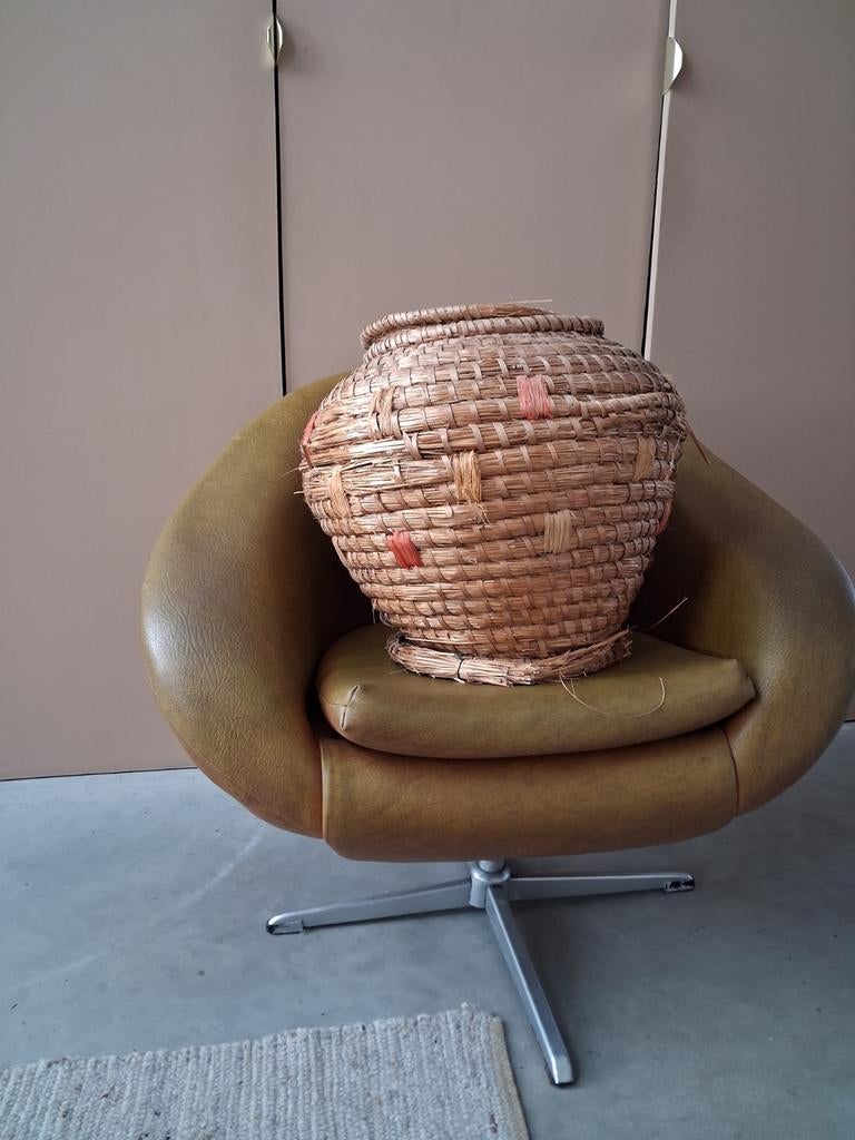 Grote antieke 40 cm hoog oude rieten gevlochten mand, Gebruikt, Mand, Rond, Ophalen of Verzenden