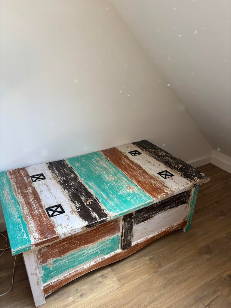 Vintage Ibiza Stijl Mango Houten Salontafel met Opbergruimte, Huis en Inrichting, Ophalen, Gebruikt, 100 tot 150 cm, 50 tot 100 cm