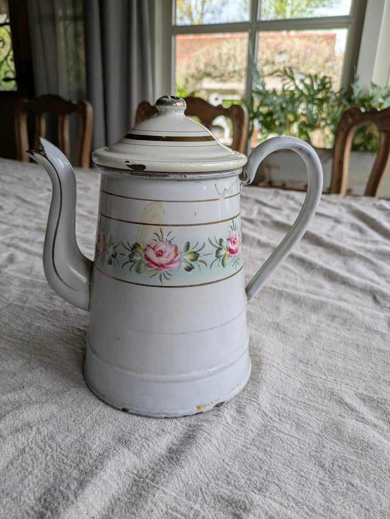 Oude emaille koffiepot met bloemen, Ophalen of Verzenden