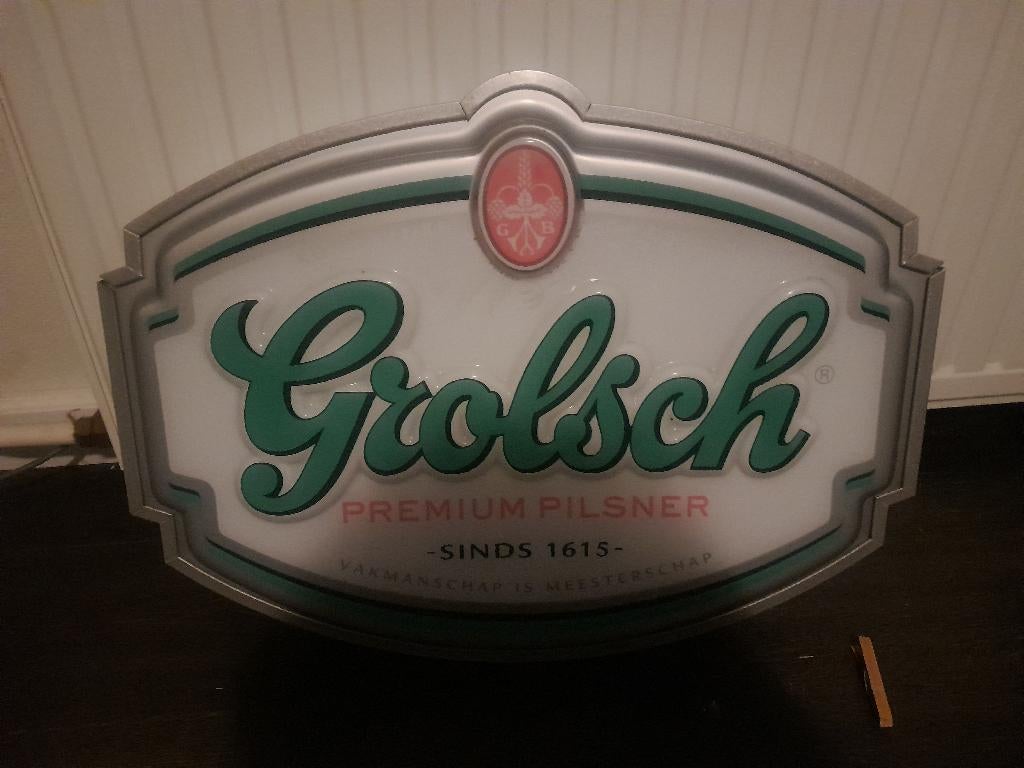 Grolsch reclame bord verlicht, Verzamelen, Ophalen, Gebruikt, Lichtbak of (neon) lamp