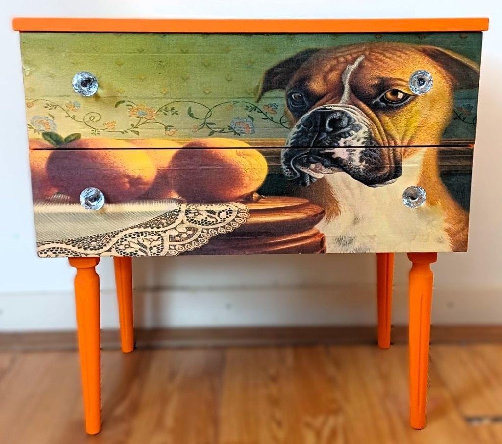 Oranje ladekast, “Boxer, sinaasappels”, nachtkastje, Zo goed als nieuw, 3 of 4 laden, Minder dan 100 cm, 25 tot 50 cm