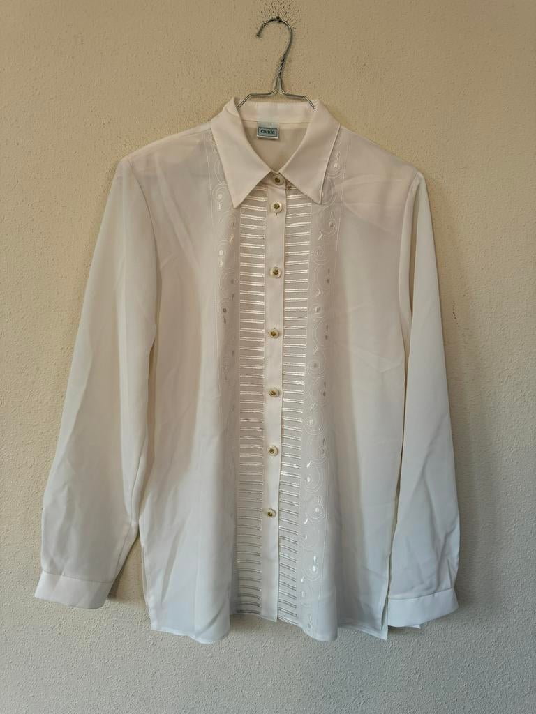 Vintage blouse / shirt- crème - embroidery - 38/M/medium, Maat 38/40 (M), Hgv, Wit, Hgv