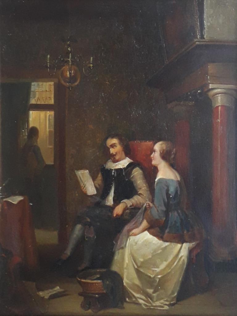 DAME EN HEER LEZEN BRIEF>INTERIEUR>FIGUREN>OUD 19 EEUW, Antiek en Kunst, Kunst | Schilderijen | Klassiek, Ophalen of Verzenden