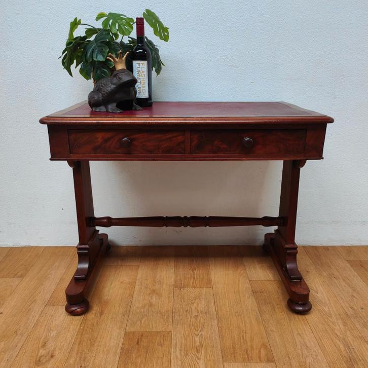 Antiek bureau, mahoniehouten schrijftafel, thuiswerkplek, Huis en Inrichting, Bureaus, Gebruikt, Met wielen, Ophalen of Verzenden