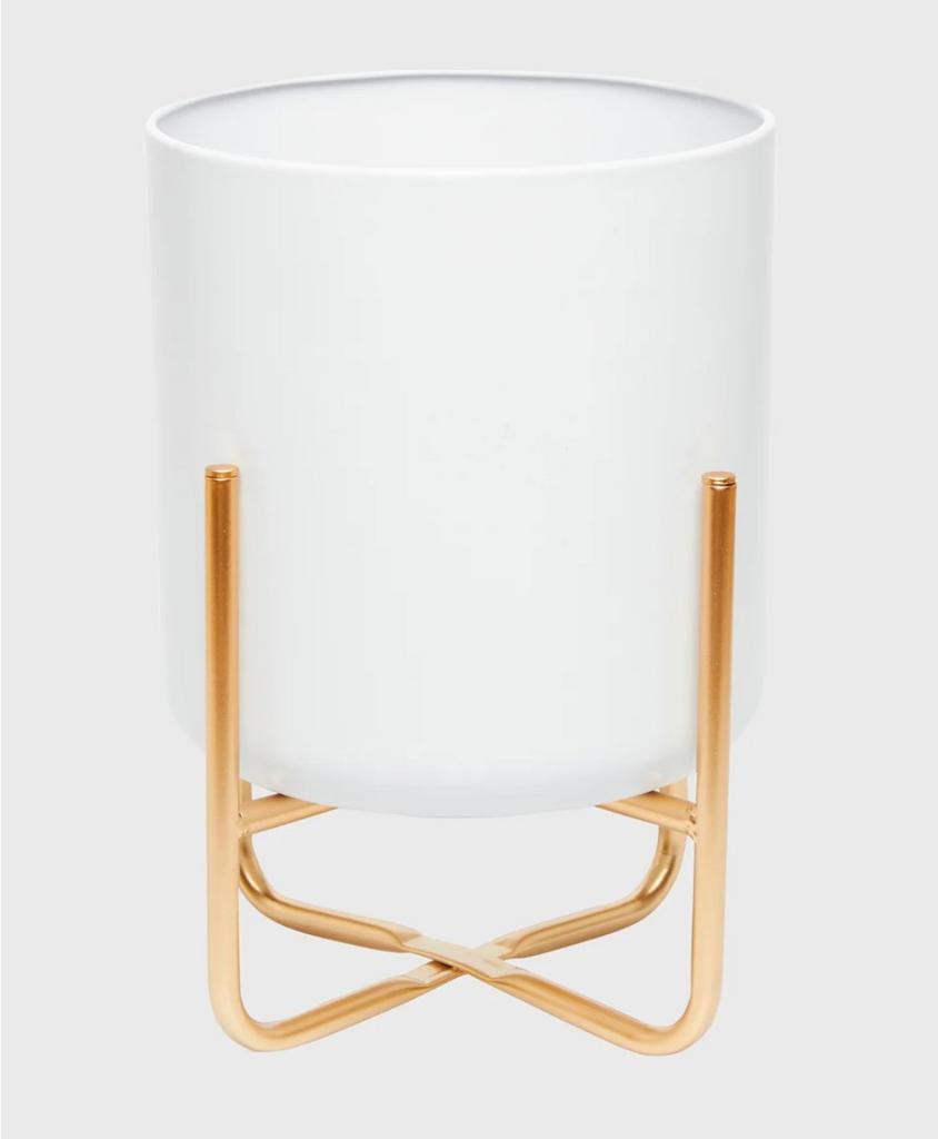 Witte bloempot met gouden standaard - ijzer, Rond, Ophalen of Verzenden, Metaal, Binnen