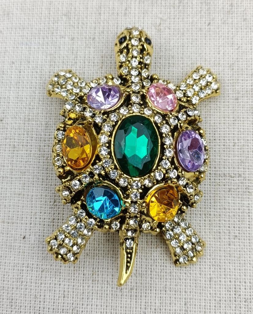 Broche schildpad met strass steentjes, Sieraden, Tassen en Uiterlijk, Broches, Overige materialen, 4 tot 7 cm, Overige kleuren