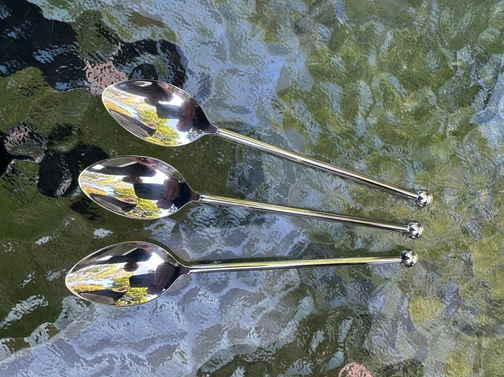 12 verzilverde stijlappel lepeltjes met rechte steel, Ophalen of Verzenden, Gebruikt, Zilver, Los bestek