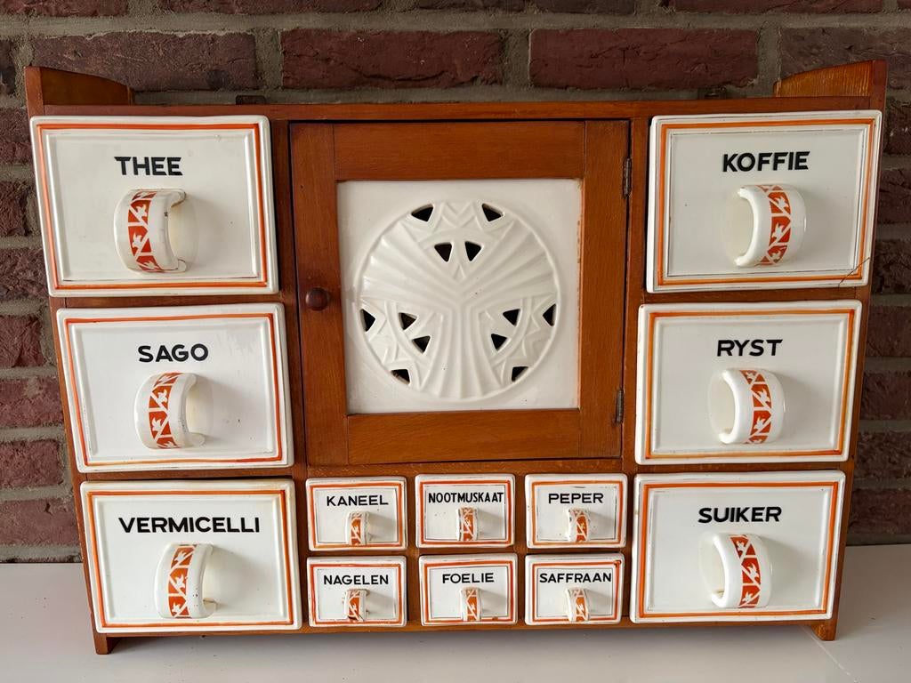 Vintage Kruidenkastje met Porseleinen Laden, Ophalen