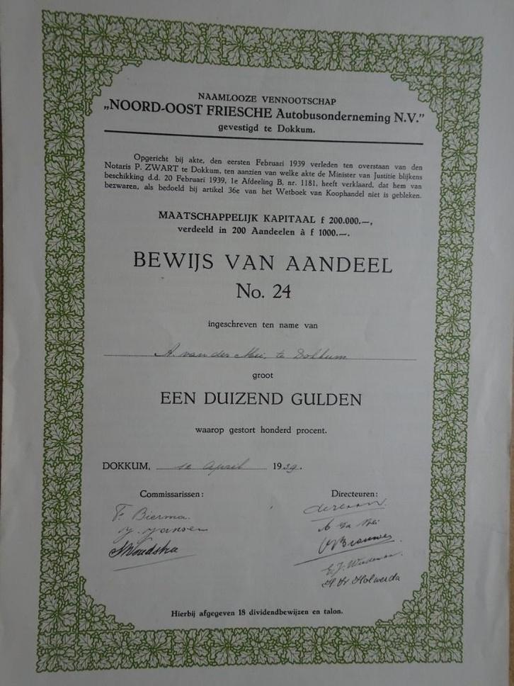 Aandeel "Noord-Oost Friesche Autobusonderneming" Dokkum 1939, Postzegels en Munten, Aandelen en Waardepapieren, Aandeel, Voor 1920