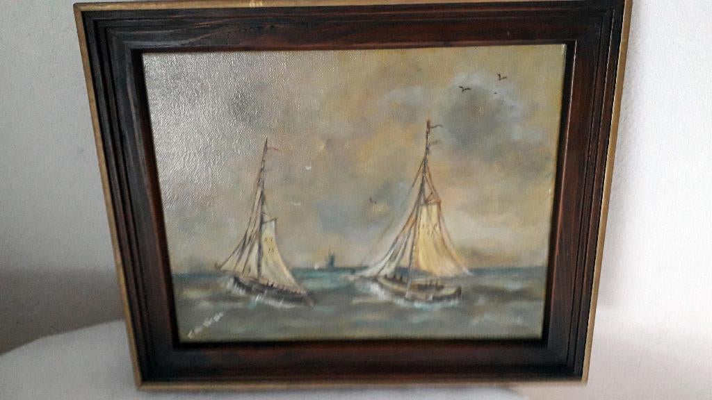 ZEEGEZICHT IN EIKEN LIJST, Antiek en Kunst, Kunst | Schilderijen | Klassiek, Ophalen of Verzenden