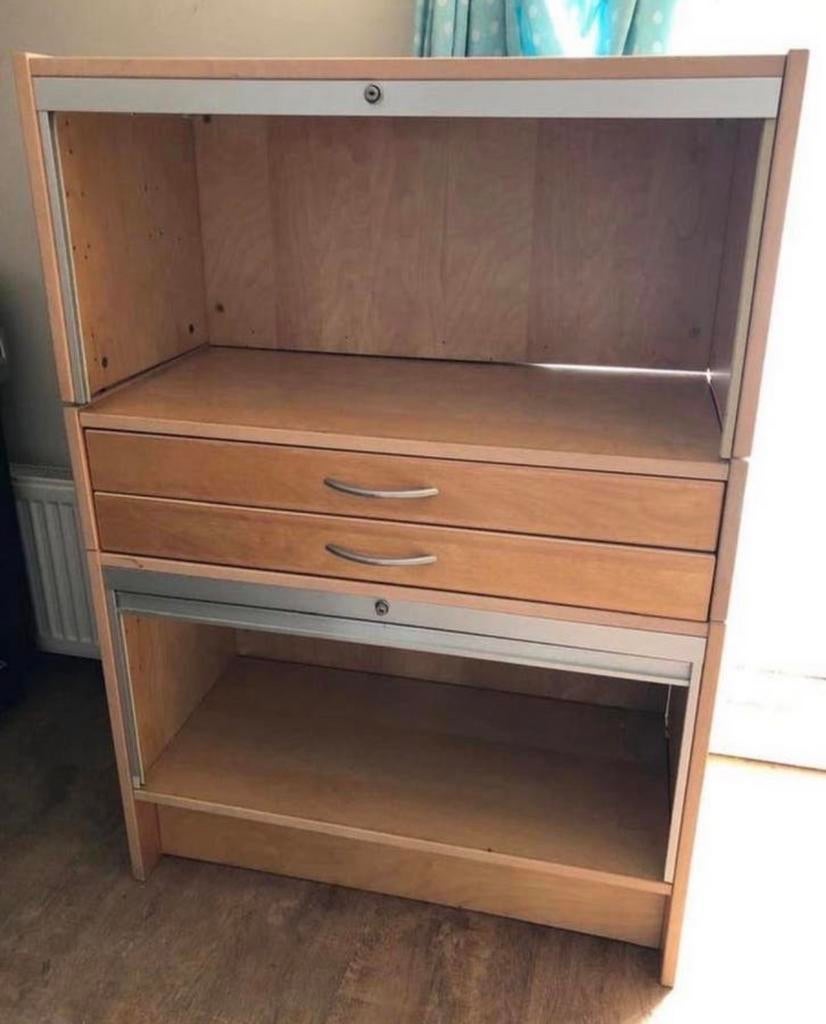 Kast hout met rolluiken en lades, Huis en Inrichting, Kasten | Roldeurkasten en Archiefkasten, Ophalen, Gebruikt, 100 tot 150 cm