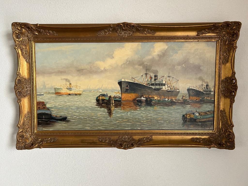 Schilderij van de haven van Rotterdam, Antiek en Kunst, Kunst | Schilderijen | Klassiek, Ophalen