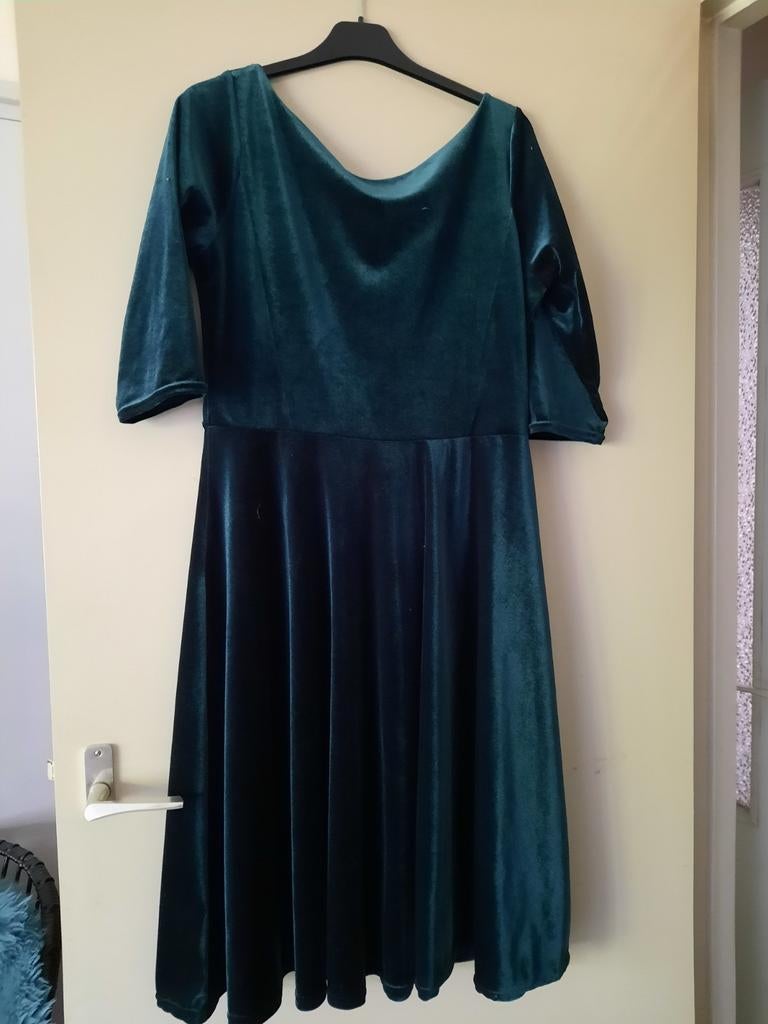 Vintage chic velvet jurk emerald groen L/ 14 topvintage, Maat 42/44 (L), Ophalen of Verzenden, Zo goed als nieuw, Onder de knie