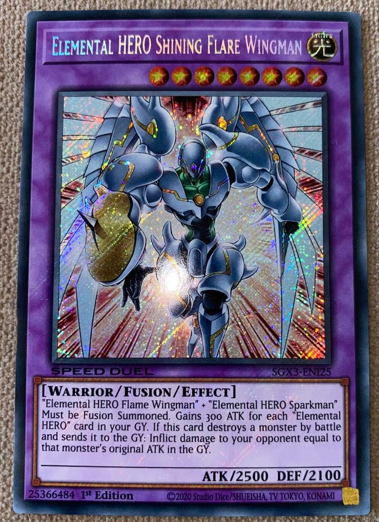 Yu-Gi-Oh! Elemental HERO Shining Flare Wingman SGX3 1st !, Ophalen of Verzenden, Zo goed als nieuw, Losse kaart