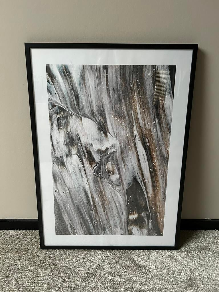 Abstract schilderij - houten wissellijst - zwart/bruin/beige, 50 tot 75 cm, Ophalen of Verzenden, Zo goed als nieuw, Schilderij