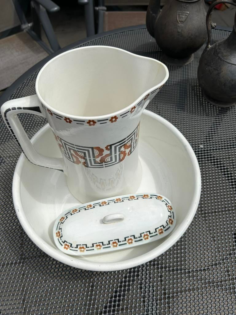 Antieke Lampetstel met strakke art-deco-achtige omlijning, Antiek en Kunst, Antiek | Servies los, Ophalen