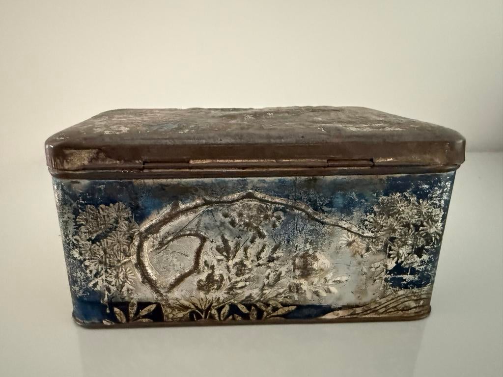 Oud blik met pauw - theeblik, Ophalen of Verzenden