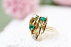 14 Karaat Gouden Ring Met Smaragd en Diamant, Ophalen of Verzenden, Zo goed als nieuw, 17 tot 18, Dame