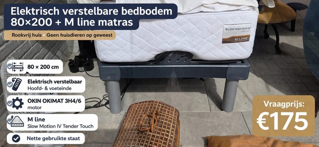 Elektrisch verstelbare bedbodem 80x200 + M line matras, Ophalen of Verzenden, Gebruikt