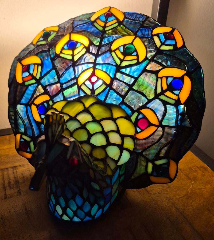 Prachtige Tiffany Lamp Pauw, Huis en Inrichting, Gebruikt, Ophalen of Verzenden, Minder dan 100 cm, Tiffany